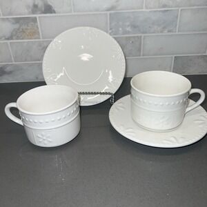 TOTALLY TODAY White on White Flat Cup & Saucer Embossed Fans Dots Set of 2
